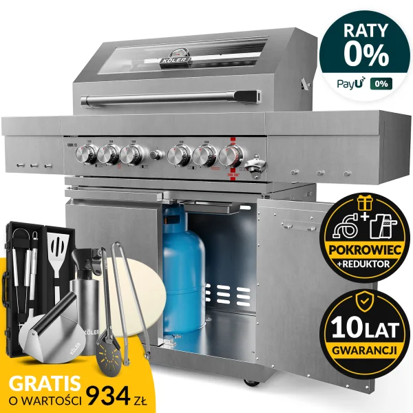 Grill Gazowy ogrodowy stal nierdzewna Koler KRONE S3 TITAN SILVER – z palnikiem bocznym na podczerwień i palnikiem rożna