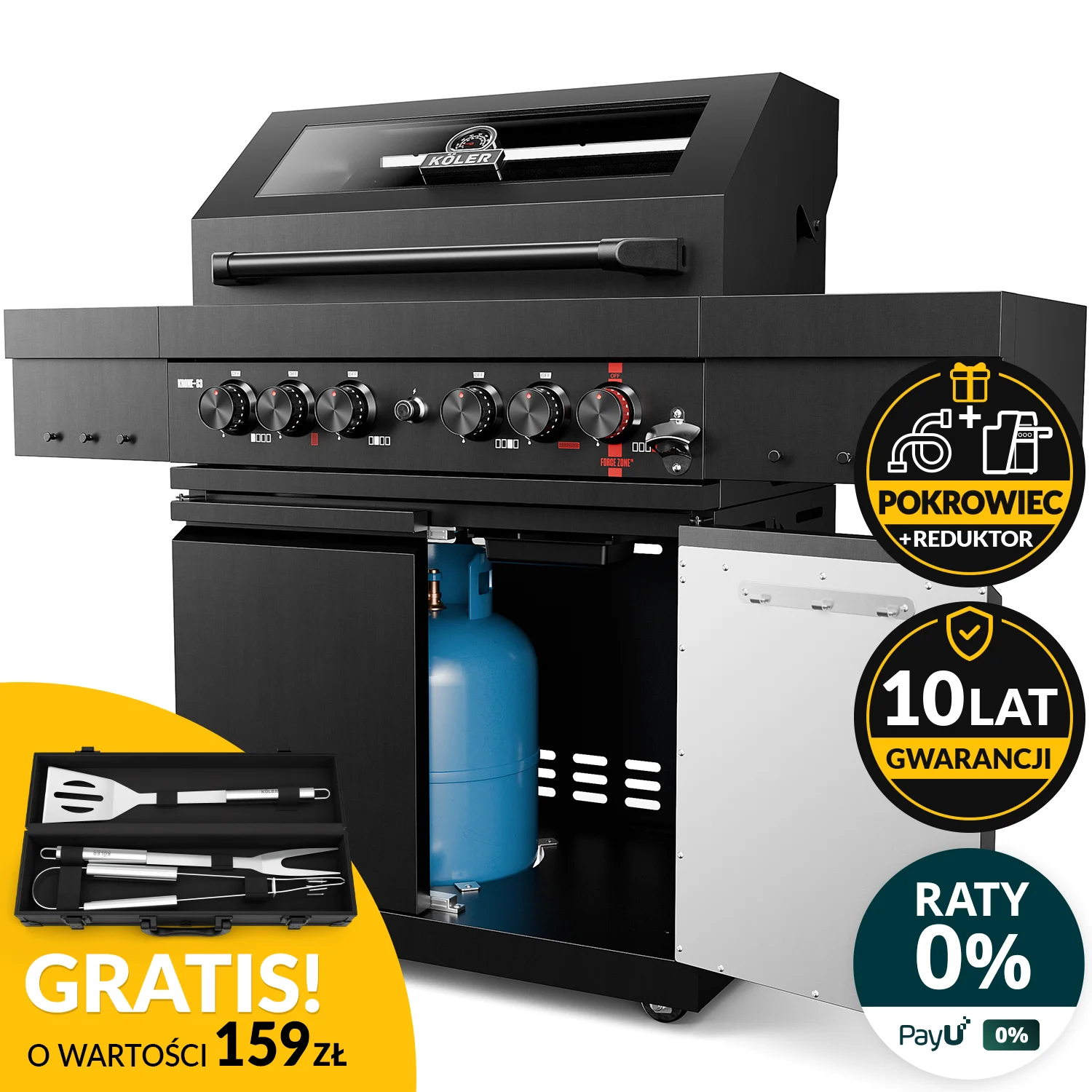 Grill Gazowy ogrodowy ze stali nierdzewnej Koler KRONE S3 ONYX BLACK – z palnikiem do steków 800C i palnikiem rożna