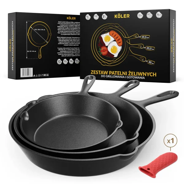 Zestaw patelni żeliwnych 3szt. KOLER Patelnia Żeliwna Indukcja Ognisko Grill Gaz