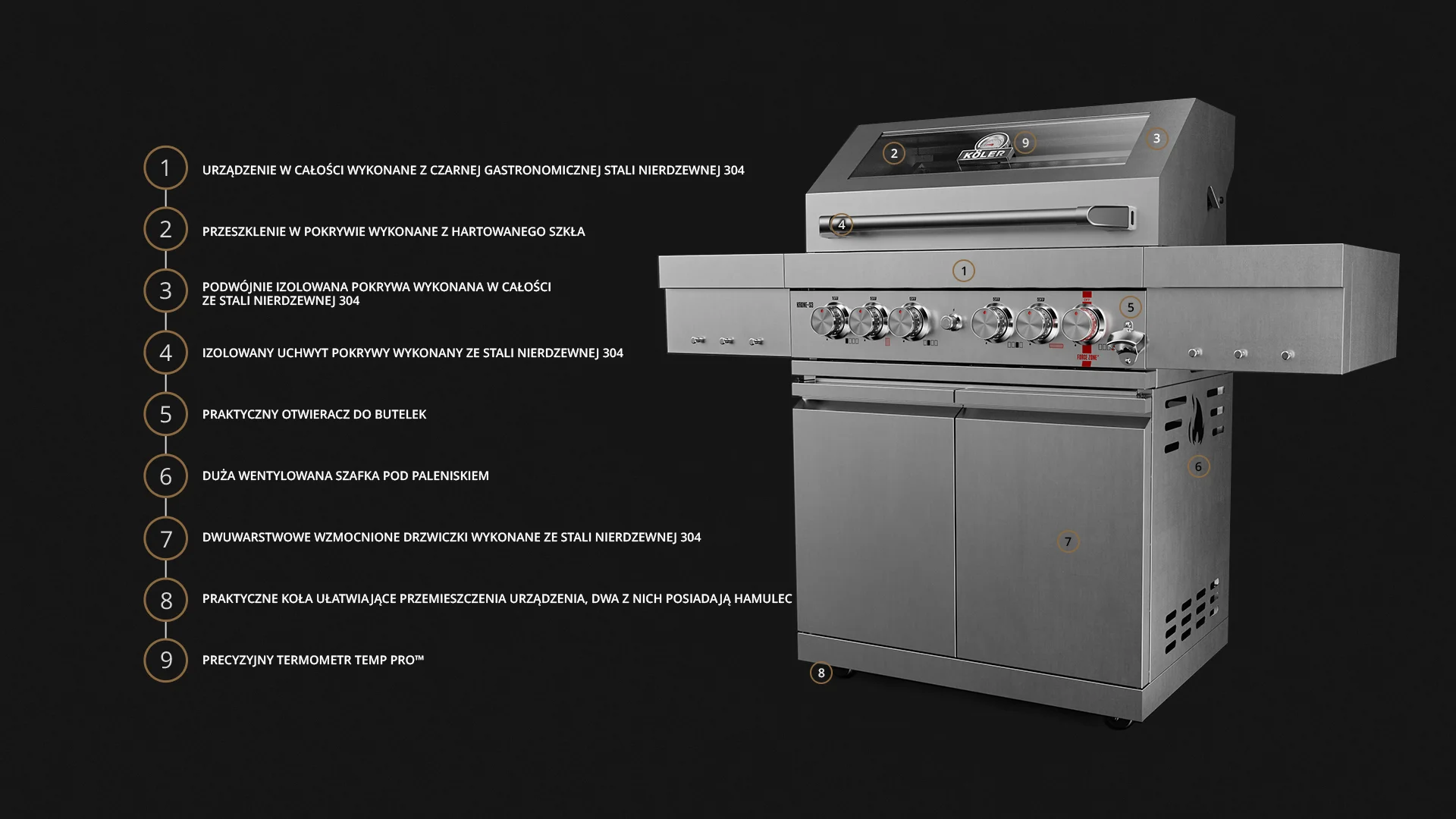 Grill gazowy ogrodowy Koler KRONE S3 Titan Silver – stal nierdzewna, palnik na podczerwień i rożno – zdjęcie 2