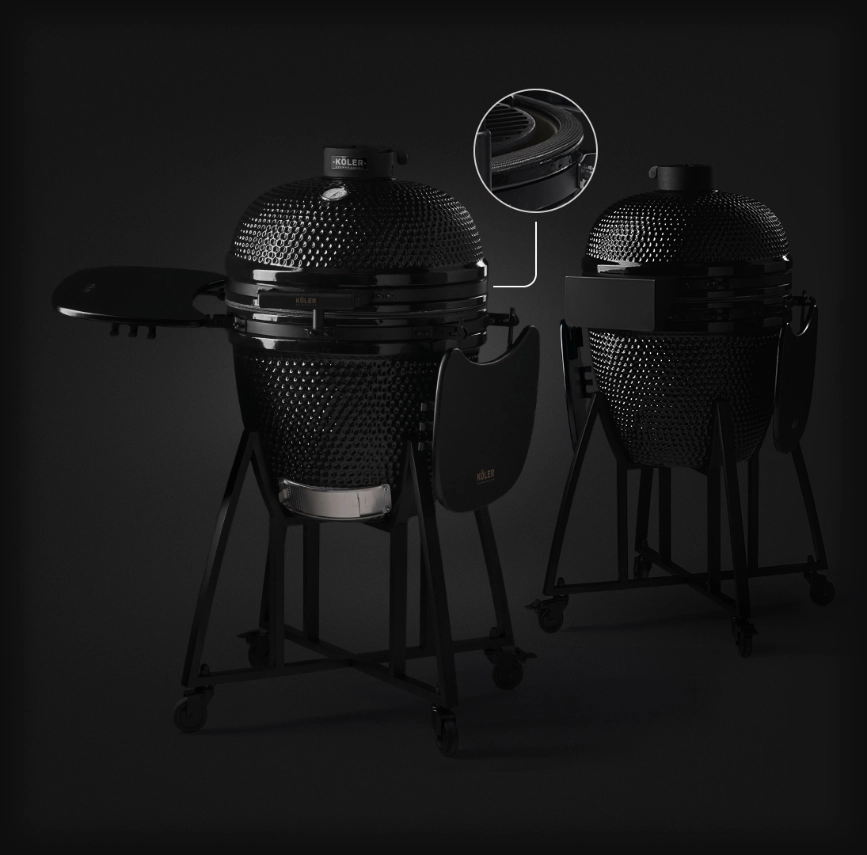 Budowa grilla ceramicznego KÖLER Kamado – komin, termometr, uszczelka, zawias, uchwyty, koła