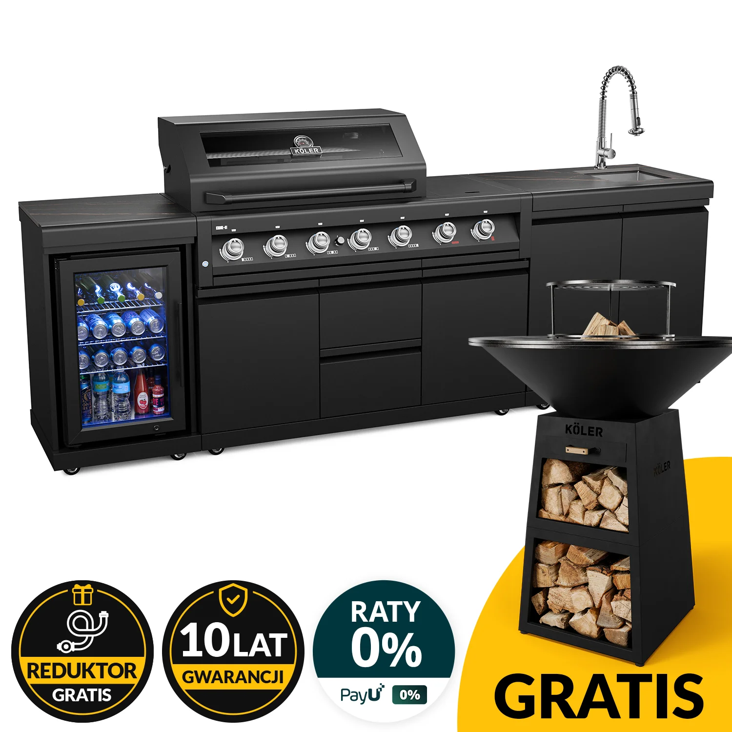 Grill Gazowy Kuchnia Ogrodowa zewnętrzna Koler KRONE G1 BLACK (Rożen, Palnik boczny na podczerwień, Palnik Rożna, Zlew, Lodówka) Zestaw Ogrodowy Premium