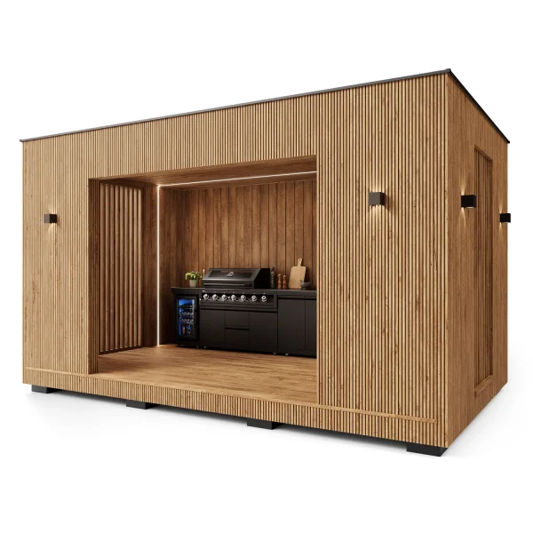 Drewniana Kuchnia Ogrodowa w Altanowej Zabudowie Koler KRONE G1 BLACK (Rożen, Palnik boczny na podczerwień, Palnik Rożna, Zlew, Lodówka) Zestaw Premium